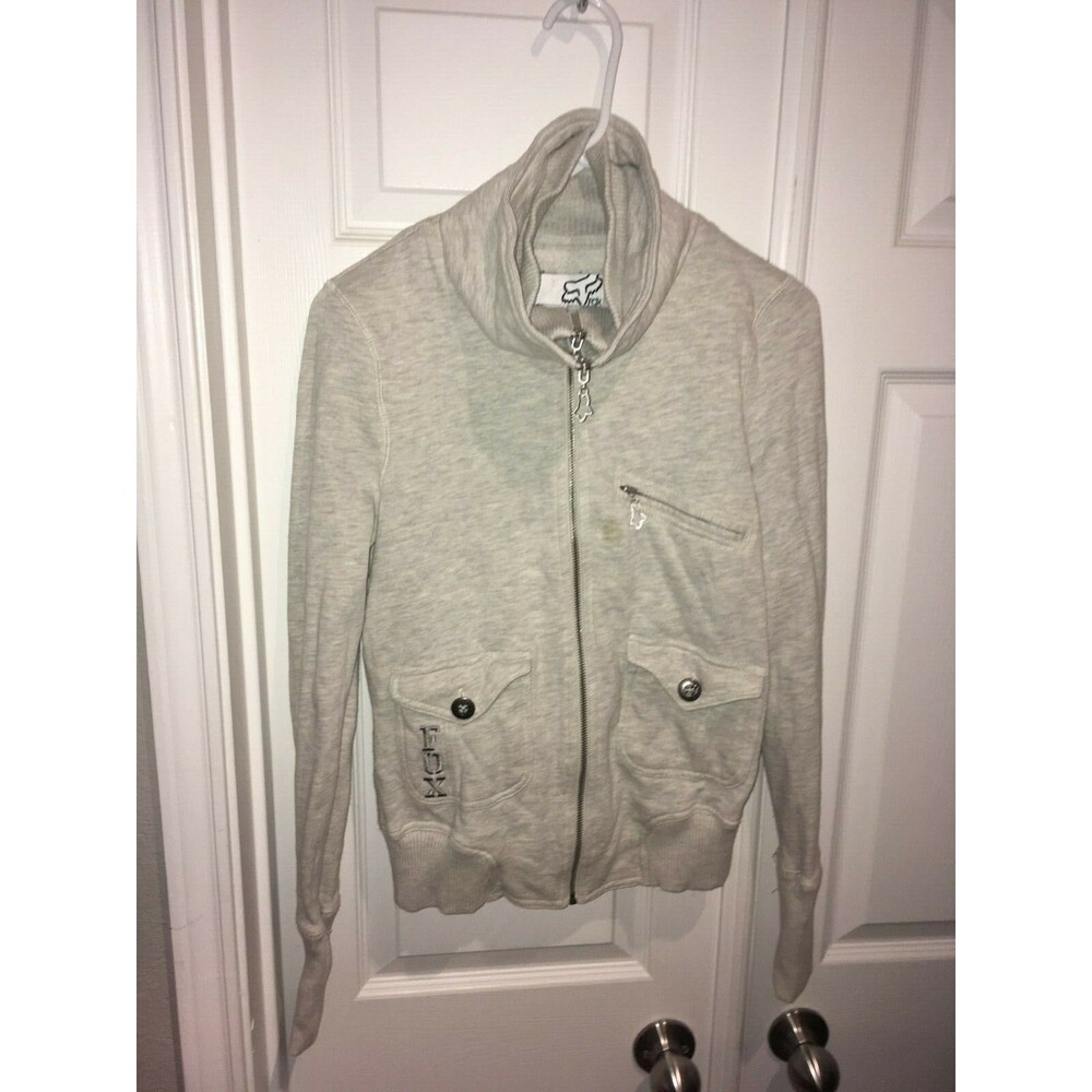 Fox Gray Black Full Zip Turtleneck Jacket Women's Size Medium Embroidered Patch